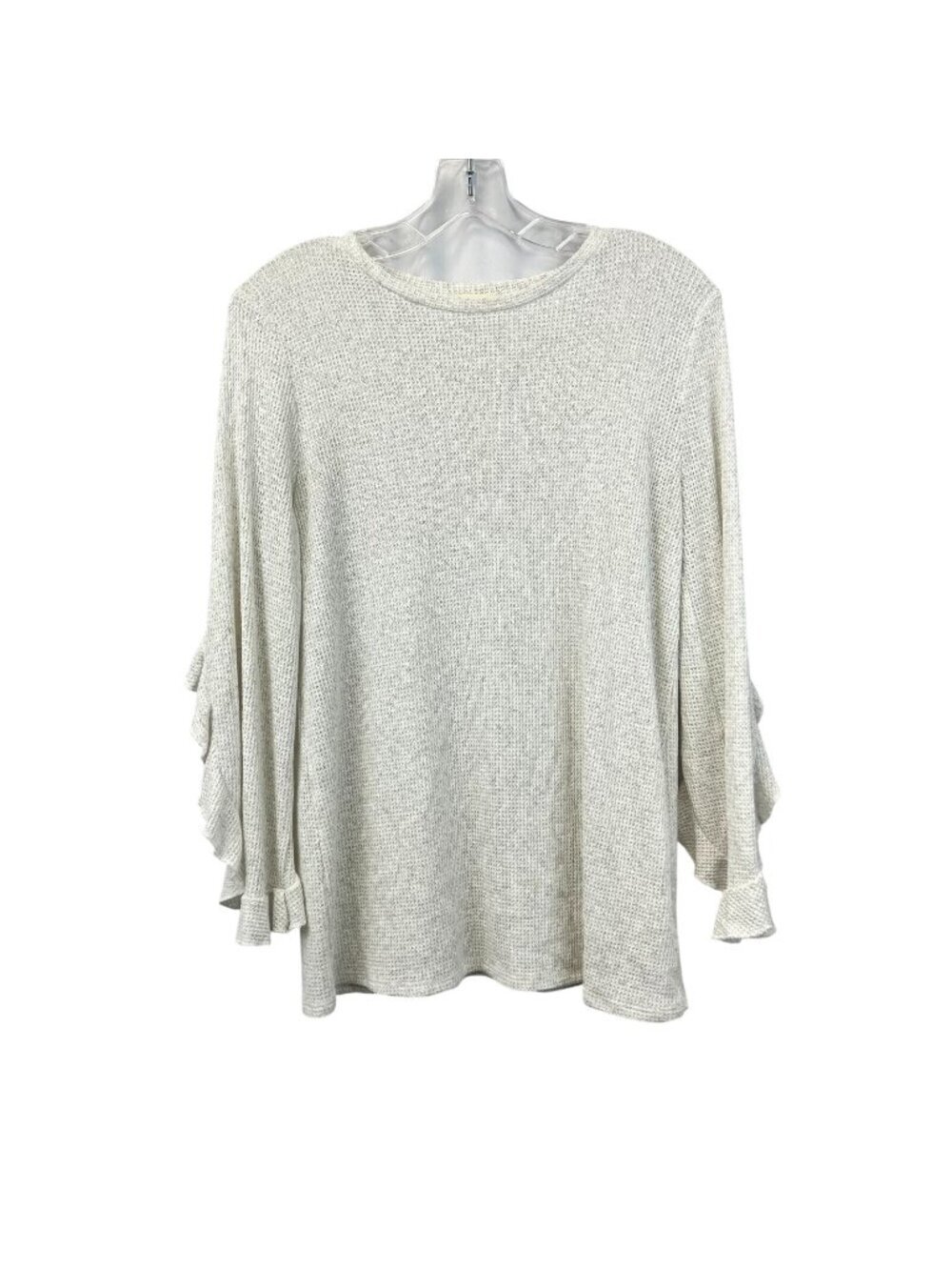 Stevie Hender Womens Waffle Knit Top Ivory/Gray Long Ruffle Sleeve Small